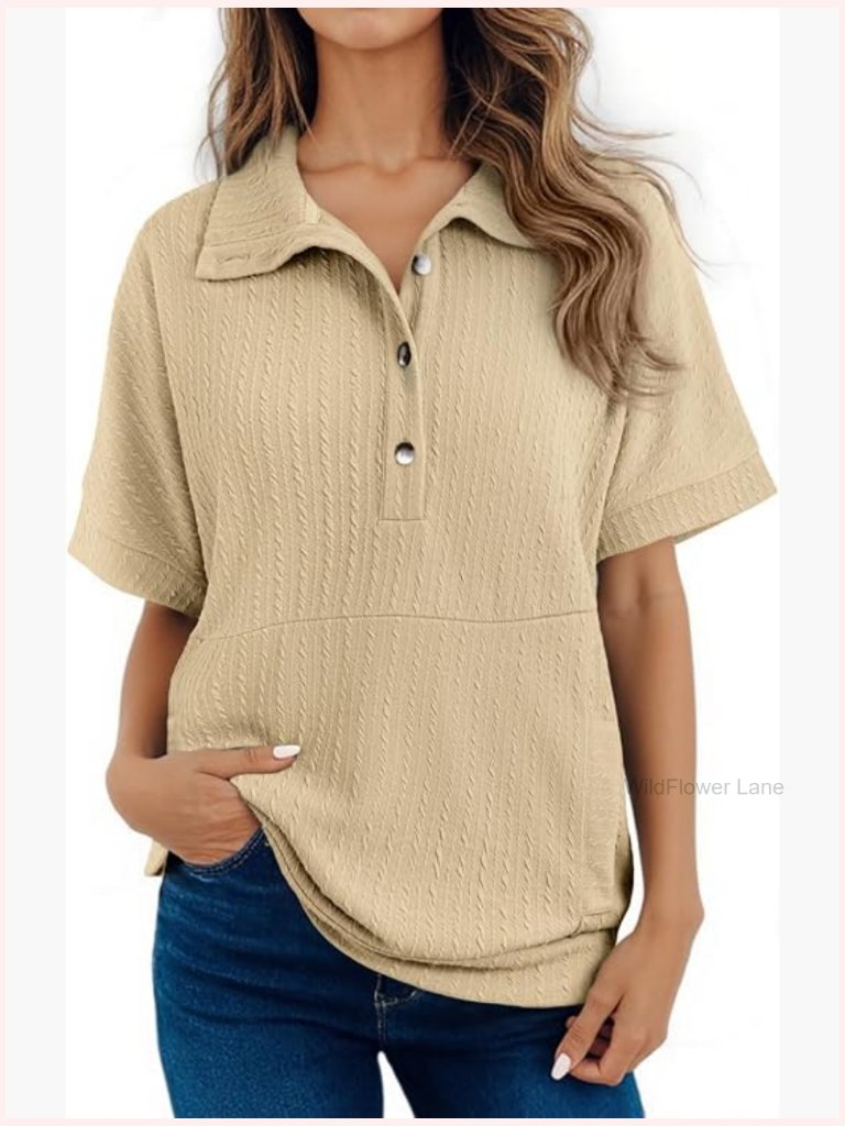 Short Sleeve Button Down V Neck Oversized Pullover Blouse Top